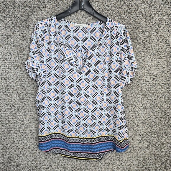 Daniel Rainn Tops - Daniel Rainn Top Womens Large Blue Printed Short Sleeve Sheer Blouse Ladies